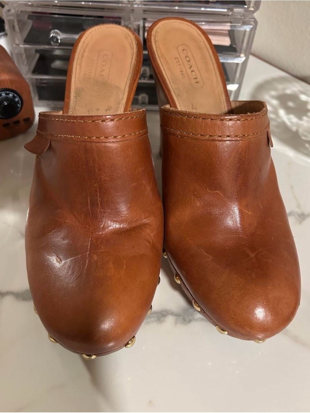 Coach Tan Leather Studded Clogs